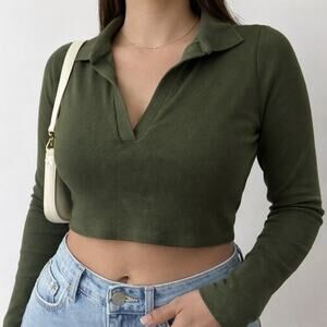 Zara Cropped Ribbed Long Sleeve Polo Shirt Size Women's Small Green Stretch